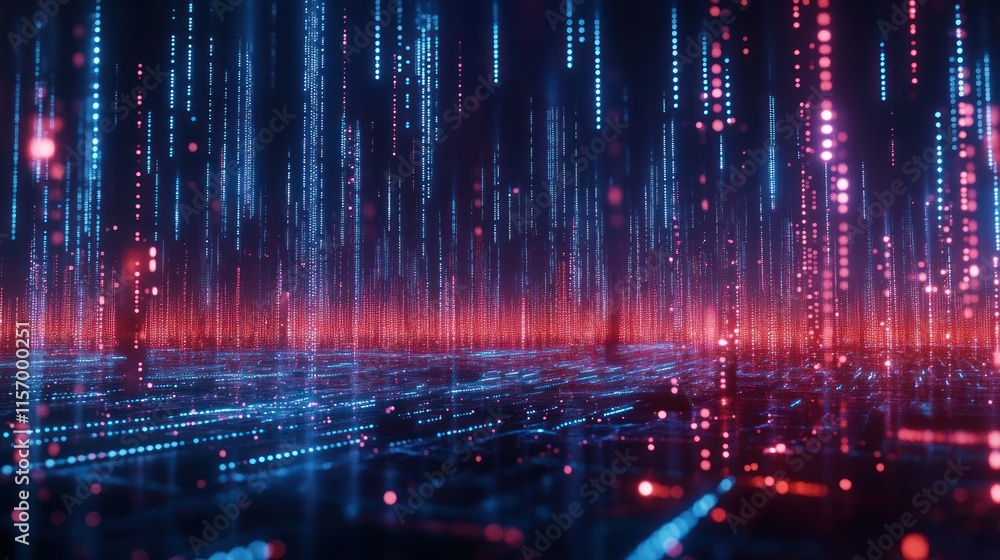 Poster Abstract digital data stream, glowing red and blue lines and particles flowing down, futuristic technology background.