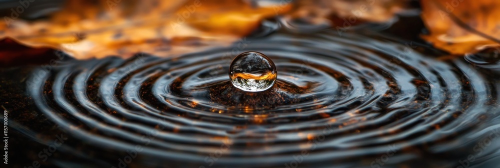 Poster close-up of a water droplet falling into a puddle, creating concentric ripples. autumn leaves are bl