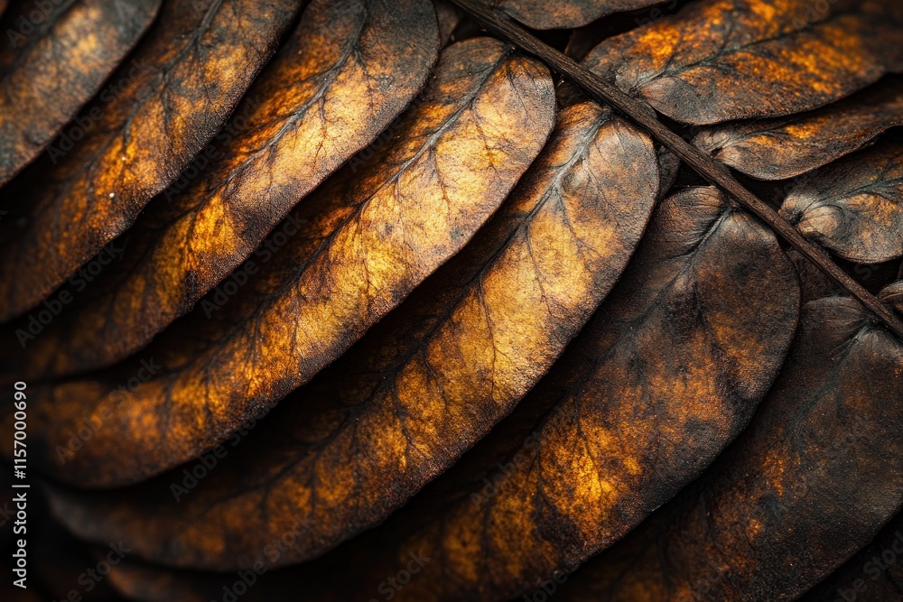 Poster close-up of dried brown fern leaves showing intricate texture and veins.