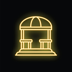 Bright yellow neon icon of a wooden gazebo with a round roof is glowing on a black background