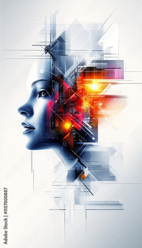 Poster abstract woman profile with geometric and graphic elements representing artificial intelligence.