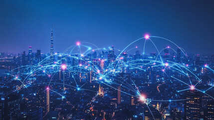 Fototapeta premium Smart digital Innovation city with connection network reciprocity over the cityscape. of future smart wireless digital city and social media networking systems that connects people with in city
