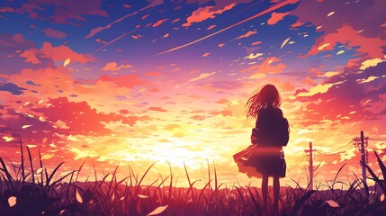 Anime girl stares out over a vast sunset-lit field, filled with nostalgic ambiance