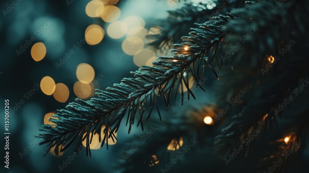 Aufkleber close-up of a frosted pine branch with warm bokeh lights in the background.