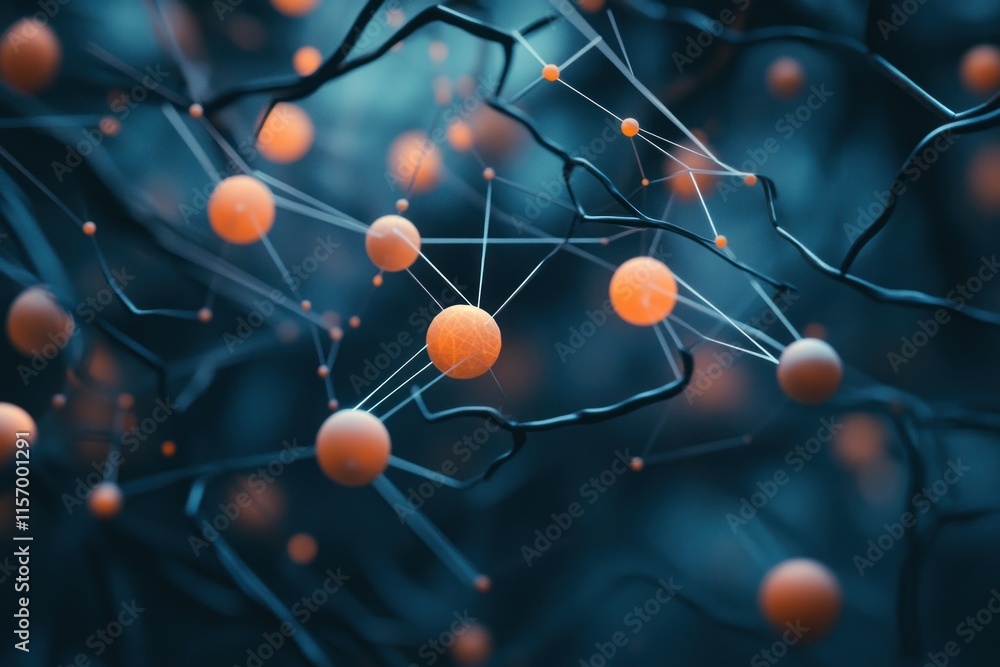 Poster abstract network of interconnected orange spheres and dark branches.