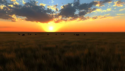 Fototapete Rund Serene sunset over a vast grassland with cattle silhouetted against the fiery sky. A peaceful pastoral scene. © Putu