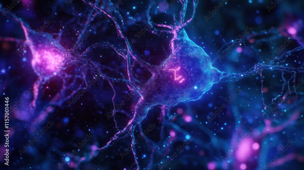 Poster Microscopic view of two glowing neurons connected by synapses, transmitting signals.