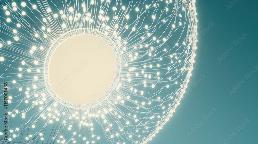 Poster Abstract glowing sphere with interconnected nodes and lines, teal background.