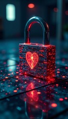 Futuristic broken lock with digital code spill on floor , motherboard , hacking