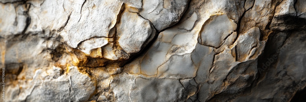 Poster close-up of rough, textured rock surface with cracks and crevices, showing a mix of gray and brown t