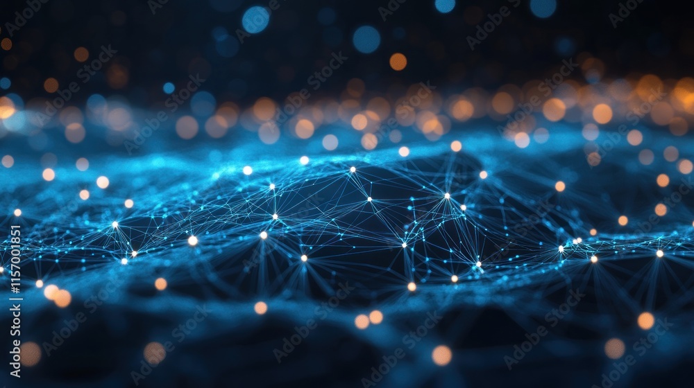 Poster Abstract digital network connection, glowing nodes and lines forming a wavy surface.