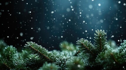 Fototapeta premium Snowflakes falling on evergreen pine branches in winter forest. Merry Christmas. Happy New Year