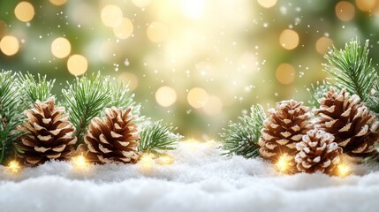 Obraz premium Festive pine cones, snow, lights, and evergreen branches on a blurred background.