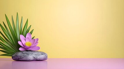 Serene Pink Lotus Flower with Green Leaves on Rock Against Yellow Background