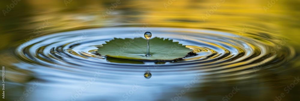 Poster Water drop falling on a leaf, creating concentric ripples on a pond's surface.