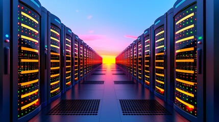 Futuristic Data Center with Bright Sunset Over Server Racks