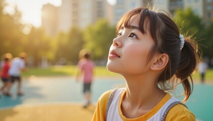 Girl looking up with curiosity in a park setting