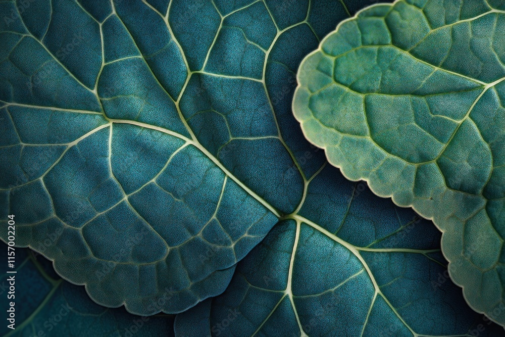 Poster close-up of teal and green overlapping leaves, showcasing intricate vein patterns and textures.