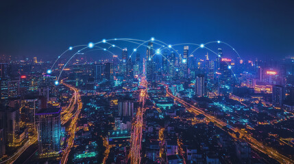 Fototapeta premium Smart digital Innovation city with connection network reciprocity over the cityscape. of future smart wireless digital city and social media networking systems that connects people with in city