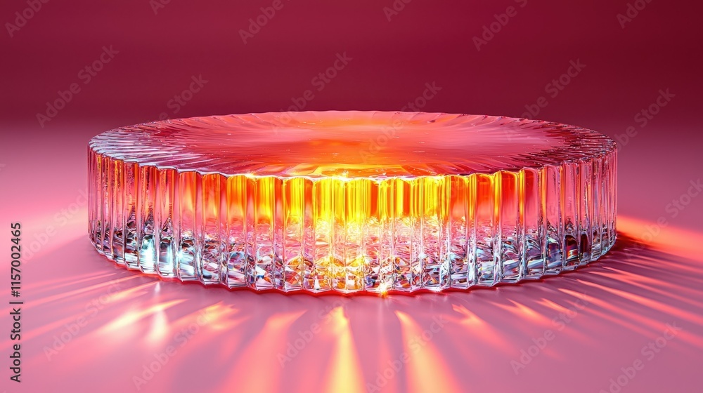Poster a circular glass object illuminated from below, creating a glowing effect against a pink backdrop.