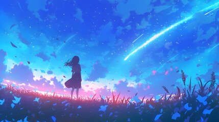 Anime girl stargazing on a clear night, surrounded by clouds and shimmering stars
