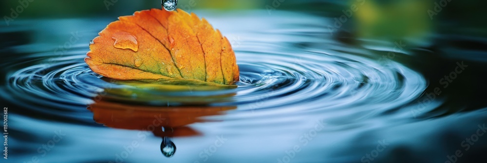 Poster Autumn leaf floats on calm water, creating concentric ripples; raindrop falls.