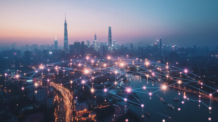 Fototapeta premium Smart digital Innovation city with connection network reciprocity over the cityscape. of future smart wireless digital city and social media networking systems that connects people with in city