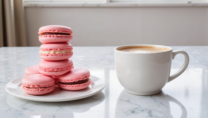 Stack of pink macarons on a plate next to a cup of coffee on a marble table with natural light,  International Women's Day March 8