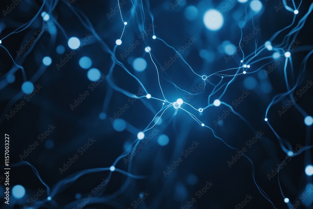 Poster Abstract blue glowing network nodes and connections.