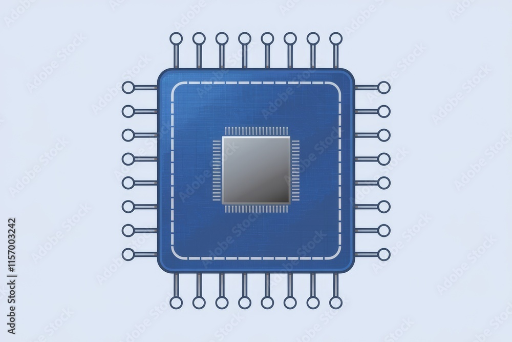 Poster a blue microchip illustration with numerous pins, depicting a central processing unit or integrated 