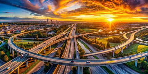 Fototapeta premium Panoramic Aerial View of Complex Freeway Interchange at Sunset