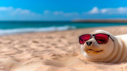 Obraz premium A seal lounging on golden sand, wearing stylish sunglasses.