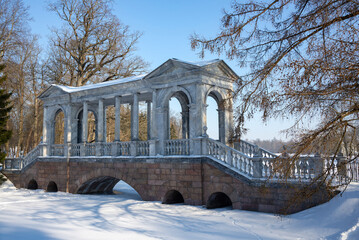 Marble bridge in winter day. Ekaterininskiy park, Tsarskoye Selo, Russia