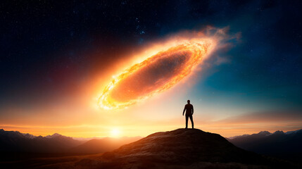 Alone figure standing at the edge of a cliff, overlooking a vast, glowing cosmic landscape.