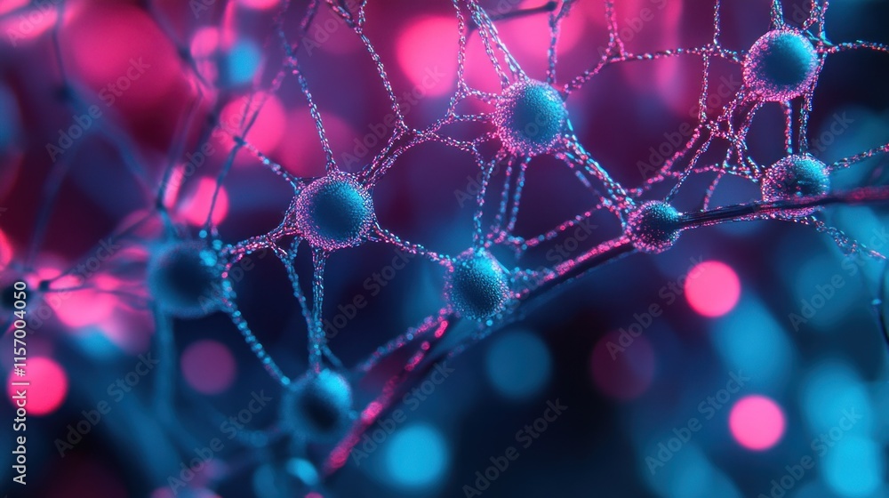 Poster microscopic view of interconnected neurons, glowing in vibrant pink and blue hues against a bokeh ba