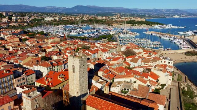 aerial view of Antibes, France: Antibes old town on French Riviera, Port Vauban in Antibes by Mediterranean Sea in France, holiday on French Riviera