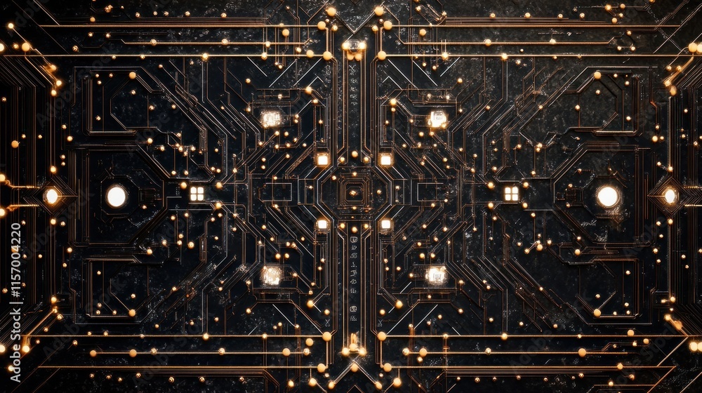 Poster abstract dark metallic circuit board with glowing elements.