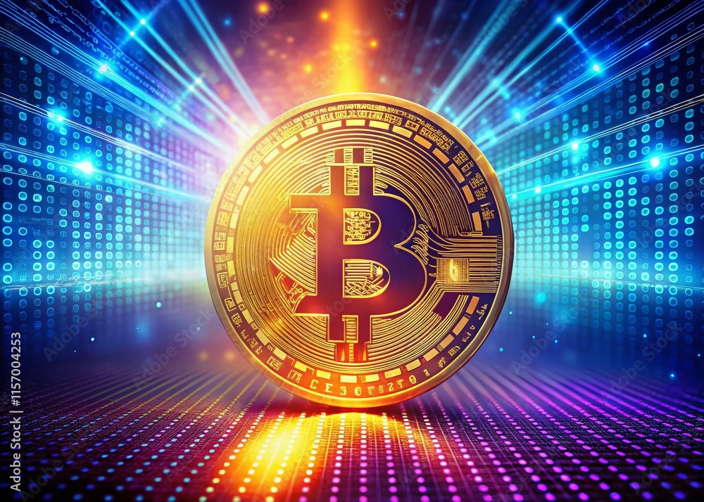 Poster panoramic bitcoin cryptocurrency on binary code background - digital finance stock photo