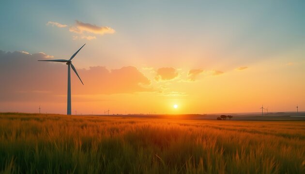 Wind turbines in a wheat field at sunset, renewable energy concept, beautiful landscape with a warm atmosphere and golden light.