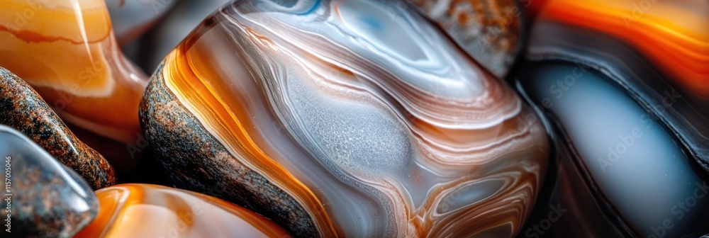Aufkleber Close-up of polished agate stones showing intricate patterns and color variations in orange, grey, and brown hues.
