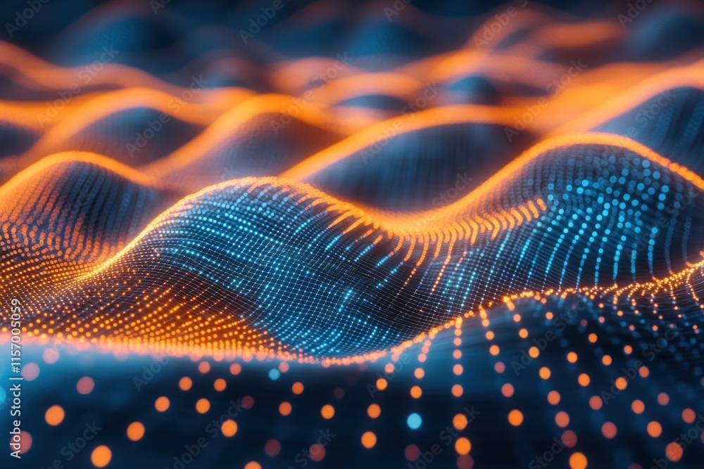 Poster Abstract digital landscape with glowing blue and orange particles forming wavy patterns.