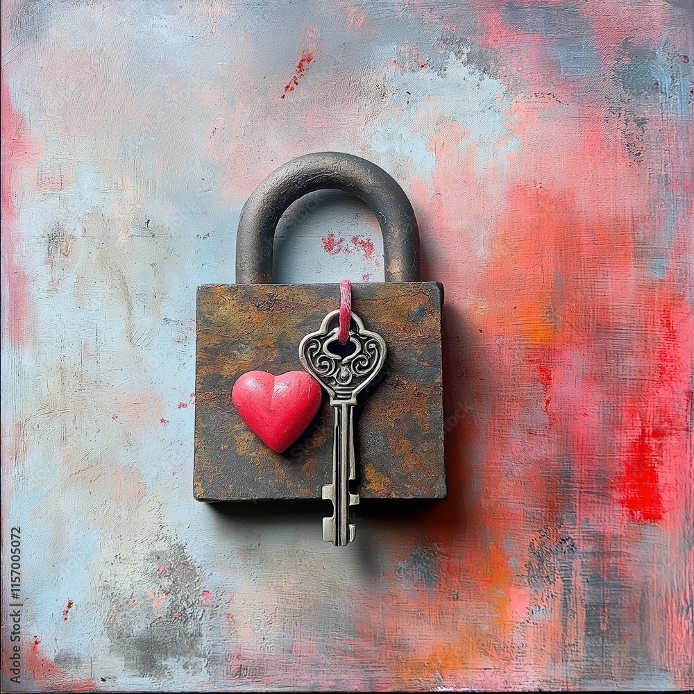 Poster rusty padlock with heart and key against colorful background