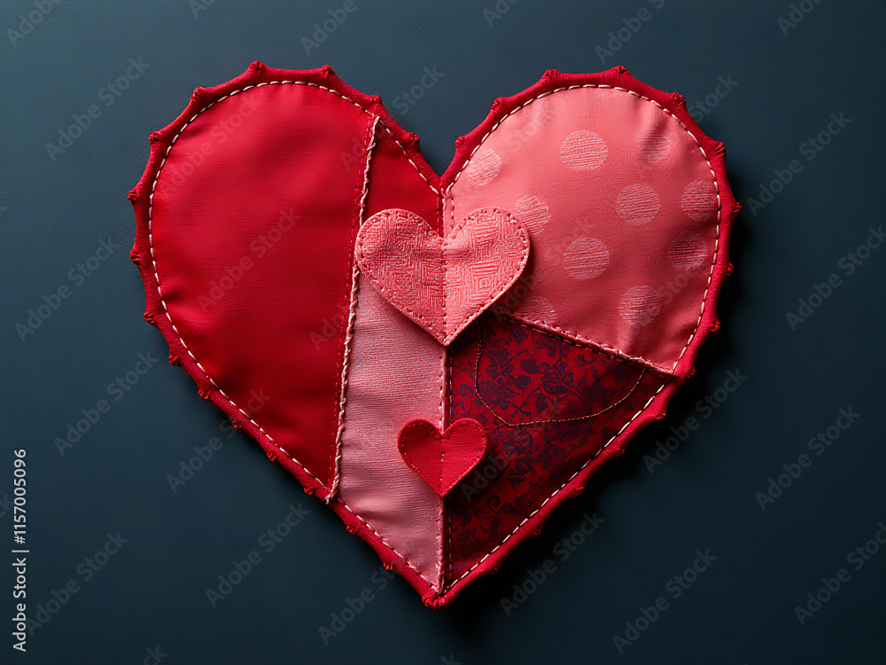 Aufkleber textile patchwork heart stitched on a dark background providing ample copy space for design ideas. 0