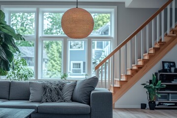Modern living room with large windows, gray sofa, wooden stairs, and a hanging lamp.