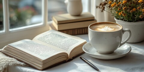 A cup of coffee beside a pen and an open journal, symbolizing reflective reading