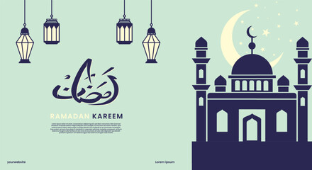 Ramadan Kareem. Islamic banner, poster, greeting card template with ramadan for wallpaper design. Modern art design with pattern of beautiful Arabic ornament the backdrop of a bright big crescent moon