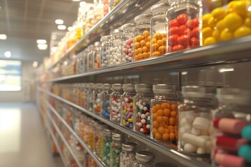 Fototapeta premium Numerous bottles with pills, capsules arranged on shelves, excessive medication use, polypharmacy