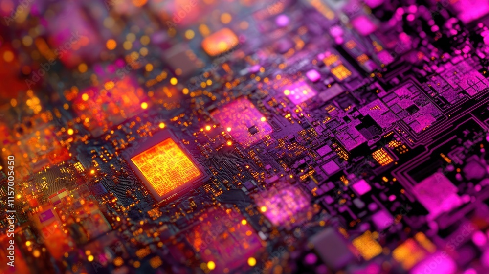 Aufkleber close-up of a vibrant, glowing circuit board, showcasing intricate details and complex technological