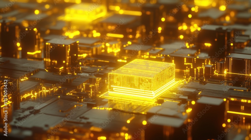 Poster glowing golden digital circuit board with illuminated central processor.