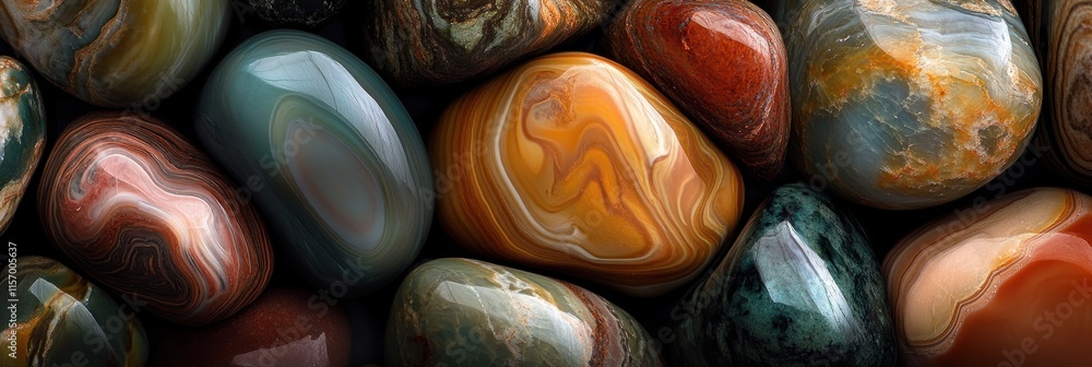 Aufkleber collection of colorful, polished, agate stones with intricate patterns and textures.